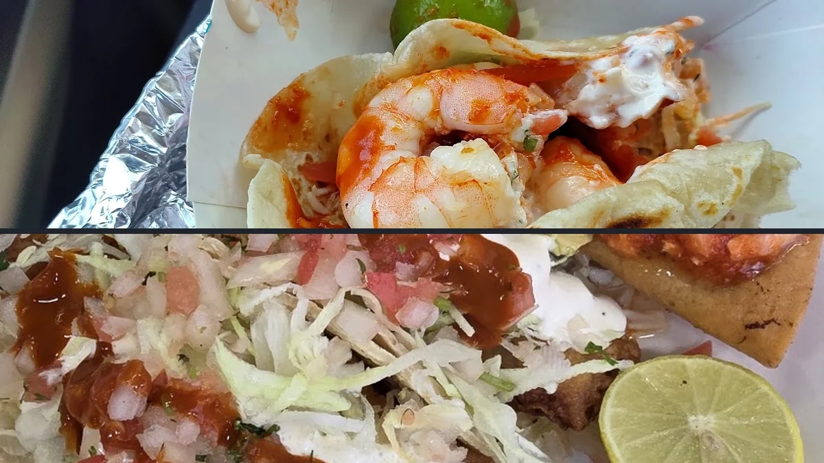 Seafood tacos on a casual restaurant table.