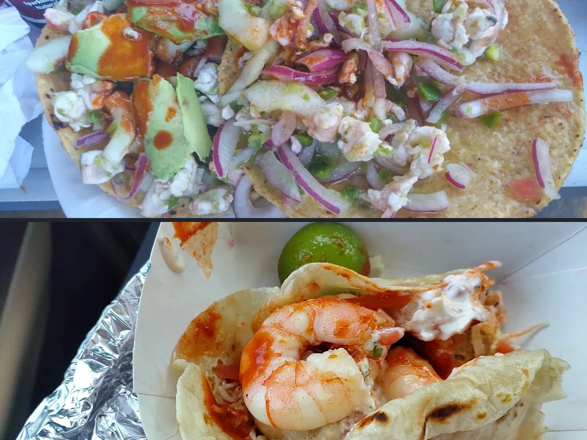 Plates of ceviche beside salsa and lime.