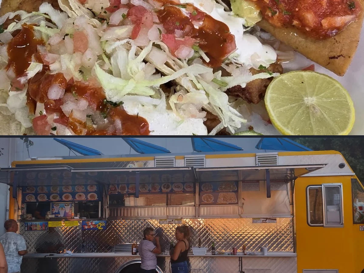 A tray of fried shrimp tacos and sides.