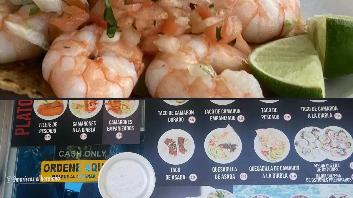 Seafood tacos on a casual restaurant table.