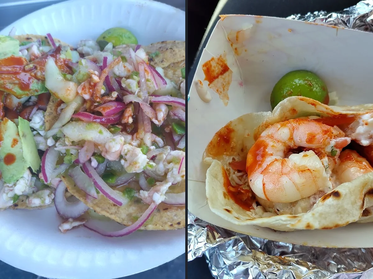 Plates of ceviche beside salsa and lime.