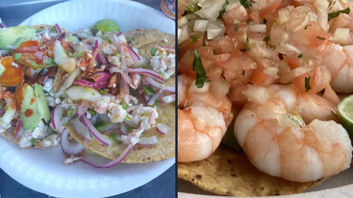 Outdoor seating at a seafood taco truck.