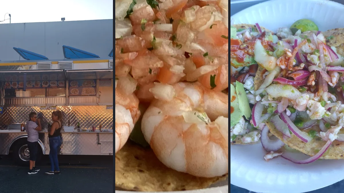 Plates of ceviche beside salsa and lime.