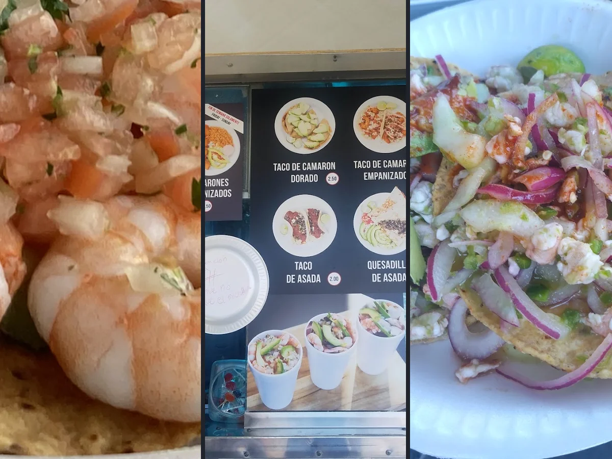 A tray of fried shrimp tacos and sides.