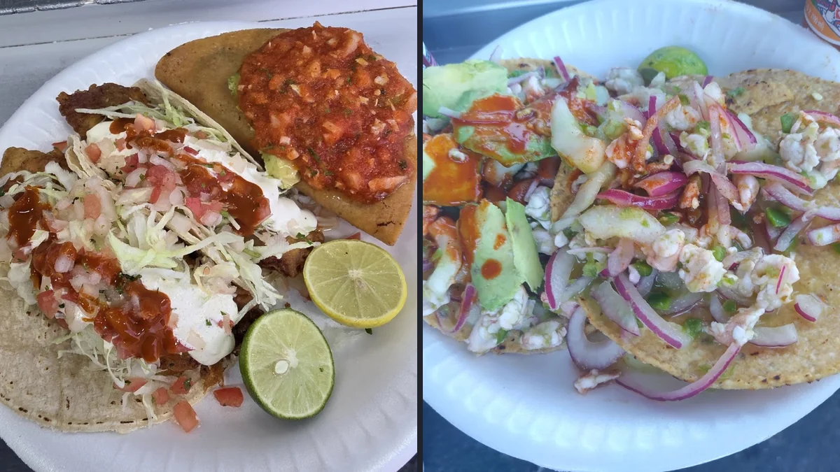 Seafood tacos on a casual restaurant table.