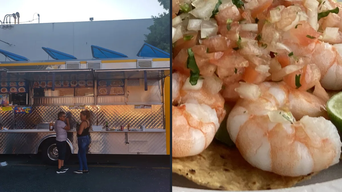 Plates of ceviche beside salsa and lime.