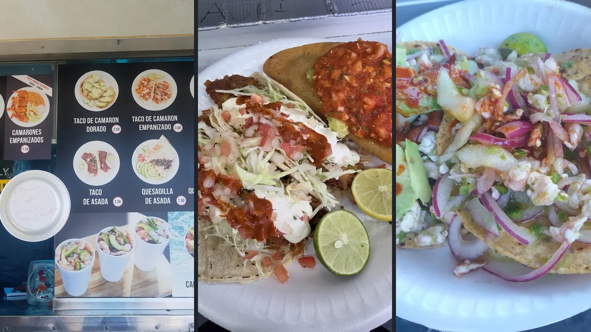 A tray of fried shrimp tacos and sides.