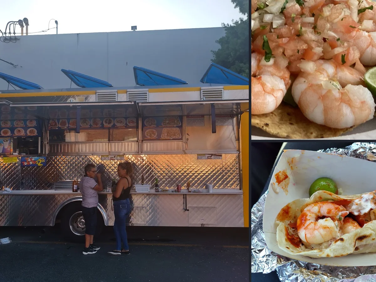 Seafood tacos on a casual restaurant table.